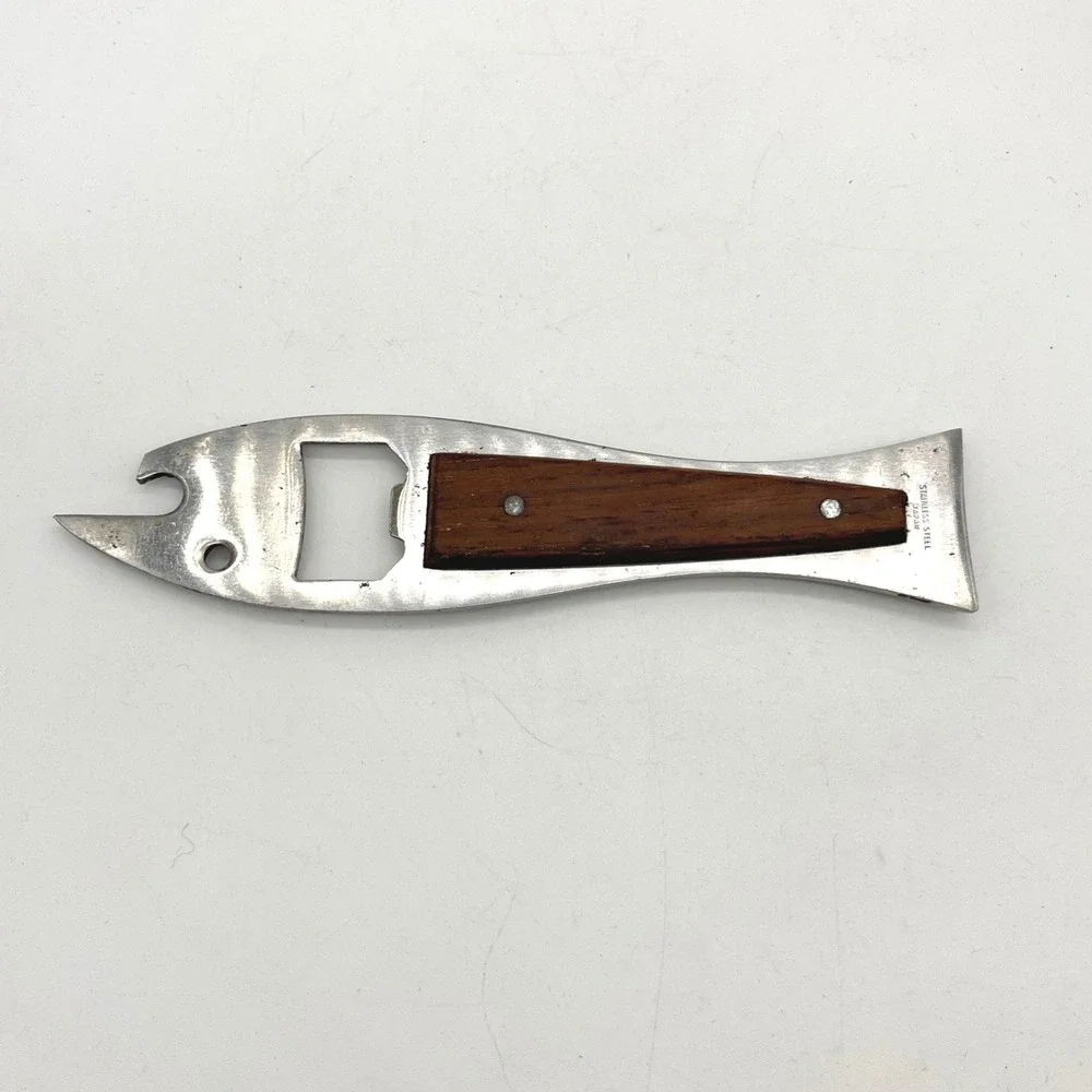 Vintage Stainless Steel Fish Bottle Opener Wood Inlay Japan Multi-Tool Barware